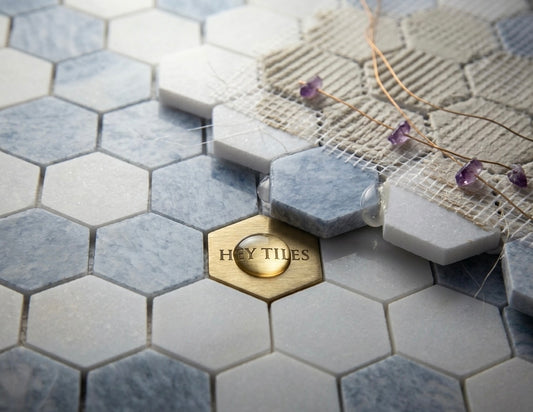 2” Thassos White + Blue Celeste Polished Hexagon 11.75 x 12