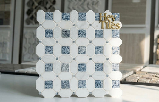 Thassos White + Azula Hatchwork 12X12 Polished Marble Mosaic Tile