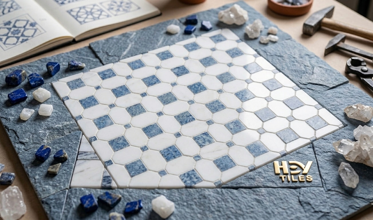 Thassos White + Azula Hatchwork 12X12 Polished Marble Mosaic Tile