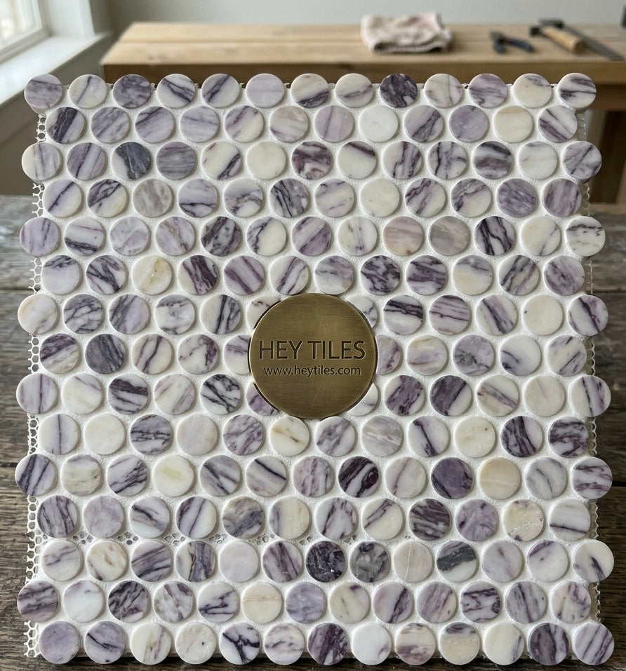 12”x12” Calacatta Violet Purple Penny Round Mosaic Tile, 3/8
