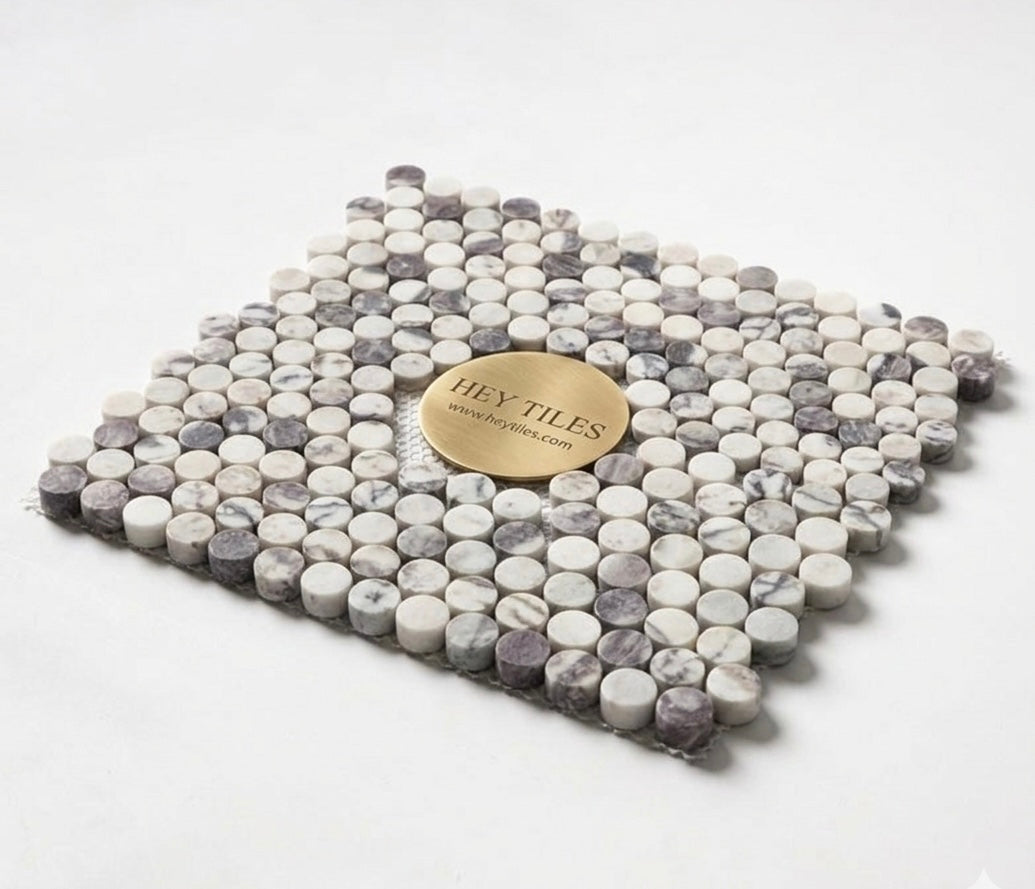 12”x12” Calacatta Violet Purple Penny Round Mosaic Tile, 3/8