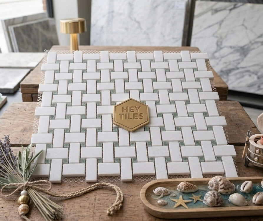 Thassos Green Marble Basketweave Mosaic Tile
