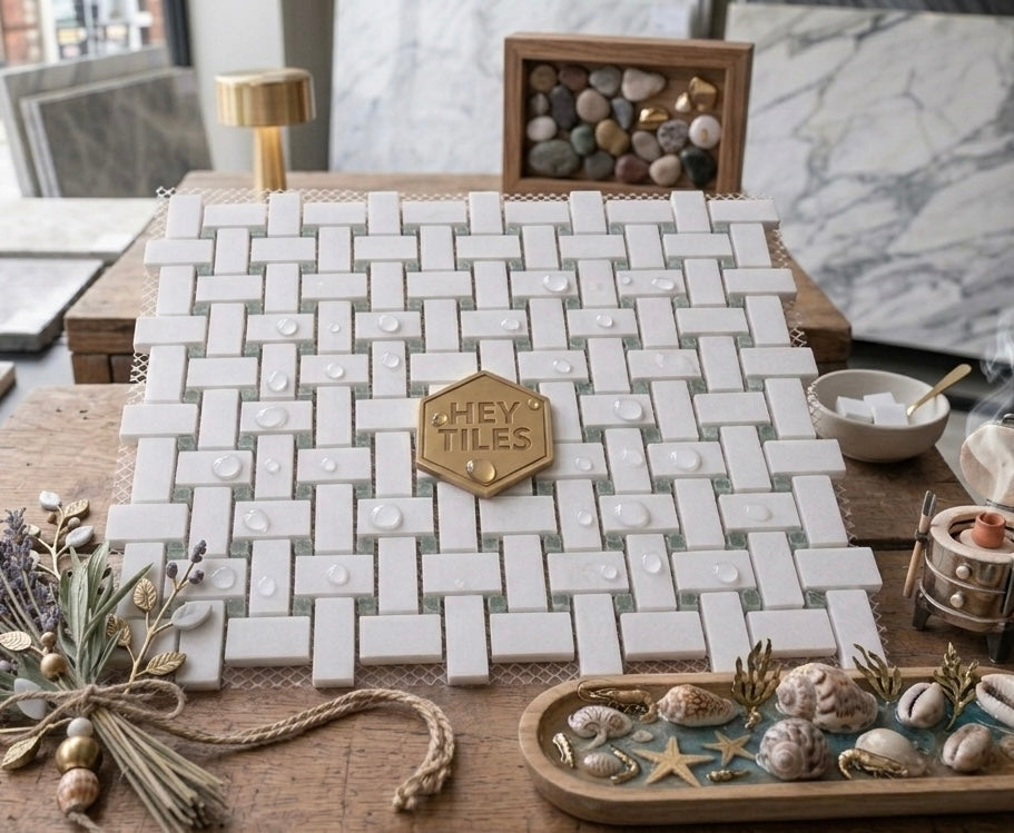 Thassos Green Marble Basketweave Mosaic Tile