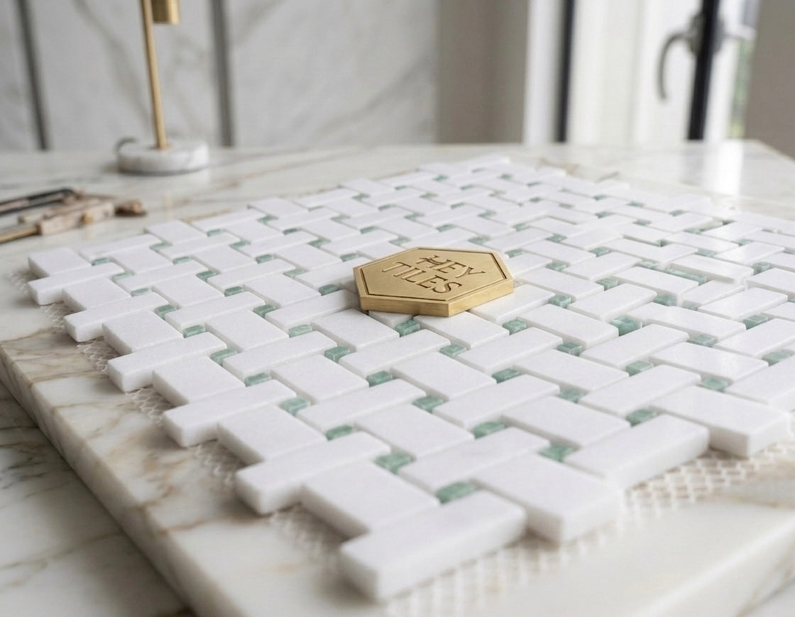 Thassos Green Marble Basketweave Mosaic Tile