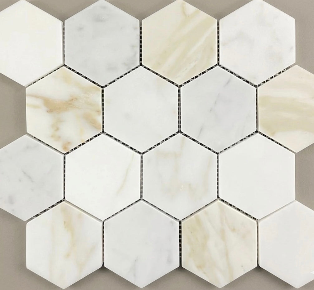 3" Tuscan Calacatta Oro Marble Hexagon Mosaic Tile