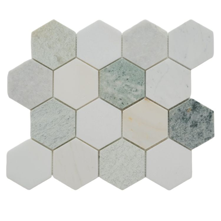 Hexagon Spring Honed 3 x 3 Ming Green Marble Mosaic Tile