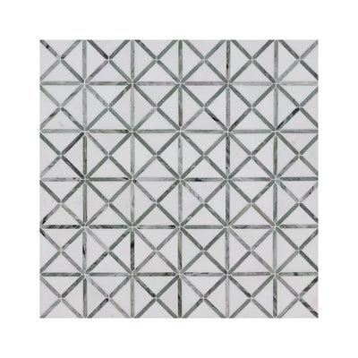 12x12 Verdant Green Geometrica Pattern Polished, Thassos White, Ming Green Mosaics Hey Tiles   