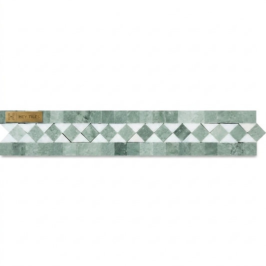 Thassos White & Ming Green Dot 2" x 12" Honed Marble Bias Border Mosaic