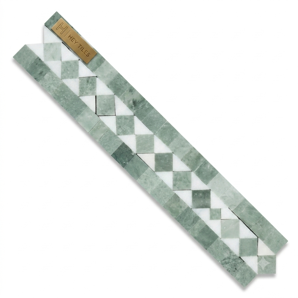 Thassos White & Ming Green Dot 2" x 12" Honed Marble Bias Border Mosaic