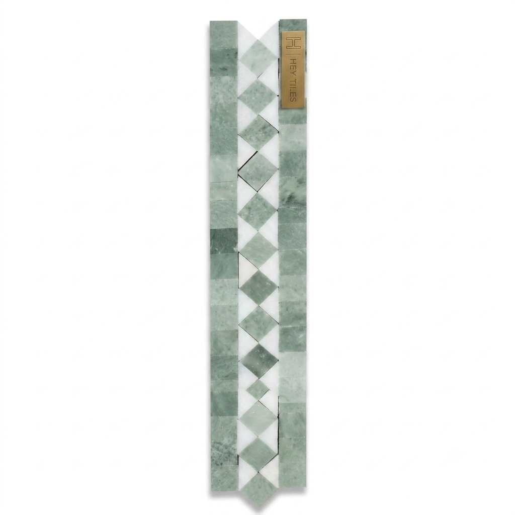 Thassos White & Ming Green Dot 2" x 12" Honed Marble Bias Border Mosaic
