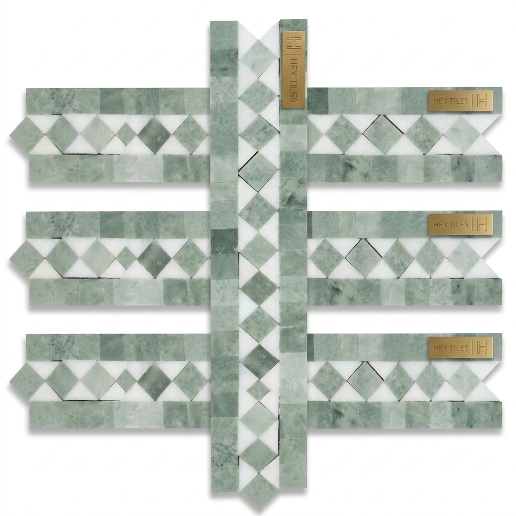 Thassos White & Ming Green Dot 2" x 12" Honed Marble Bias Border Mosaic