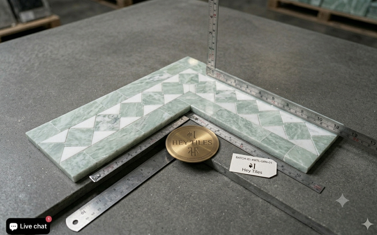 Thassos White & Ming Green Dot 4-3/4" x 2" Polished Marble Bias Border Corner
