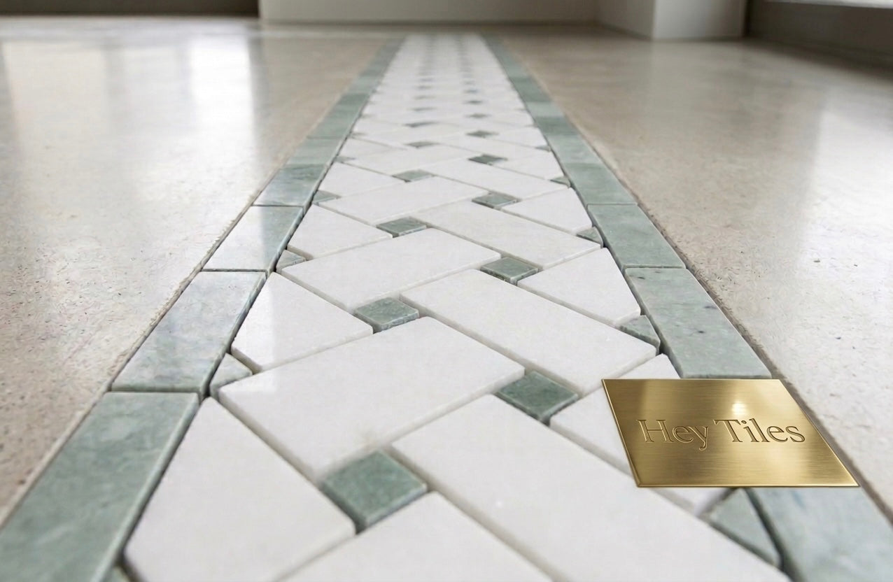 Thassos White & Green Marble 4-3/4" x 12" Basketweave Border Mosaic