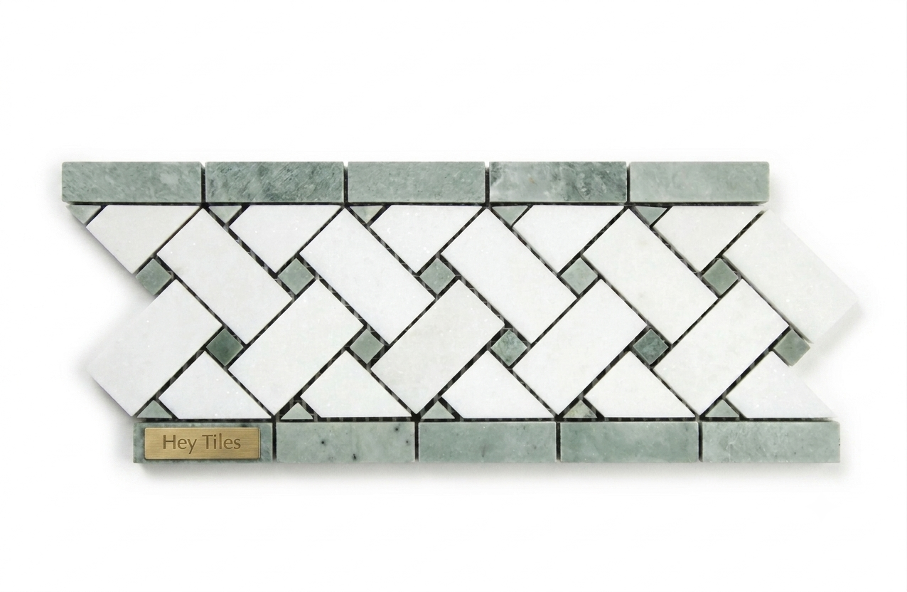 Thassos White & Green Marble 4-3/4" x 12" Basketweave Border Mosaic
