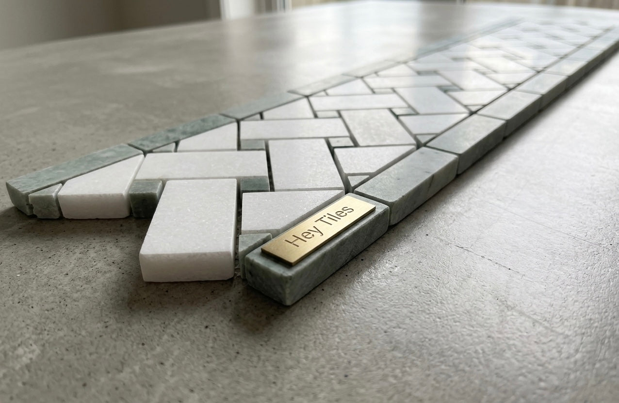 Thassos White & Green Marble 4-3/4" x 12" Basketweave Border Mosaic