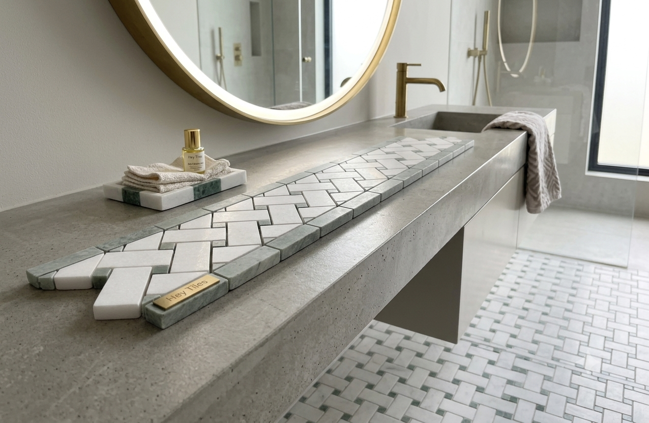 Thassos White & Green Marble 4-3/4" x 12" Basketweave Border Mosaic