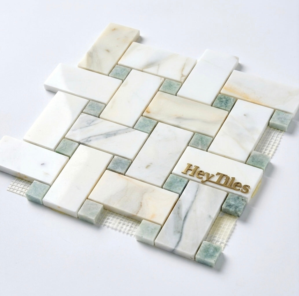 Jumbo Calacatta Green CalaVerde Large Basketweave Marble Mosaic
