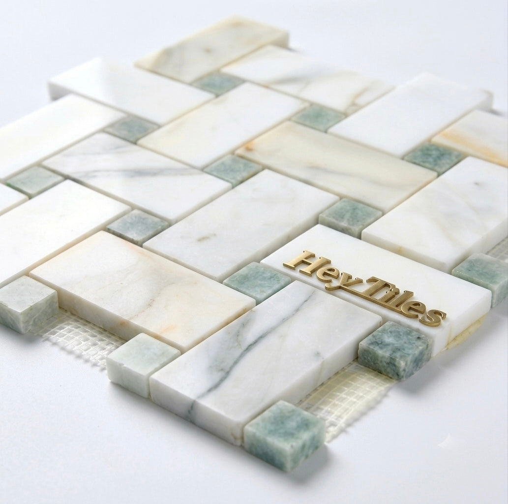 Jumbo Calacatta Green CalaVerde Large Basketweave Marble Mosaic