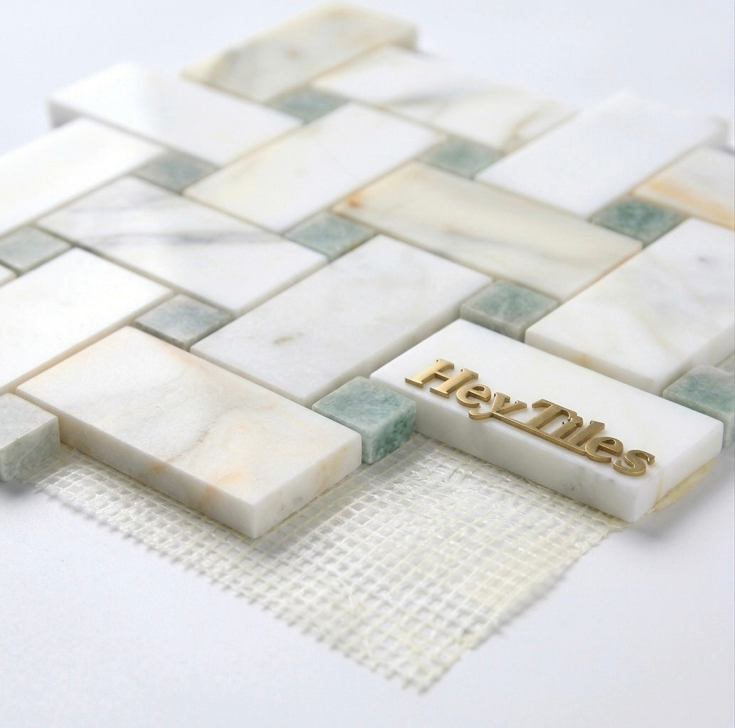 Jumbo Calacatta Green CalaVerde Large Basketweave Marble Mosaic
