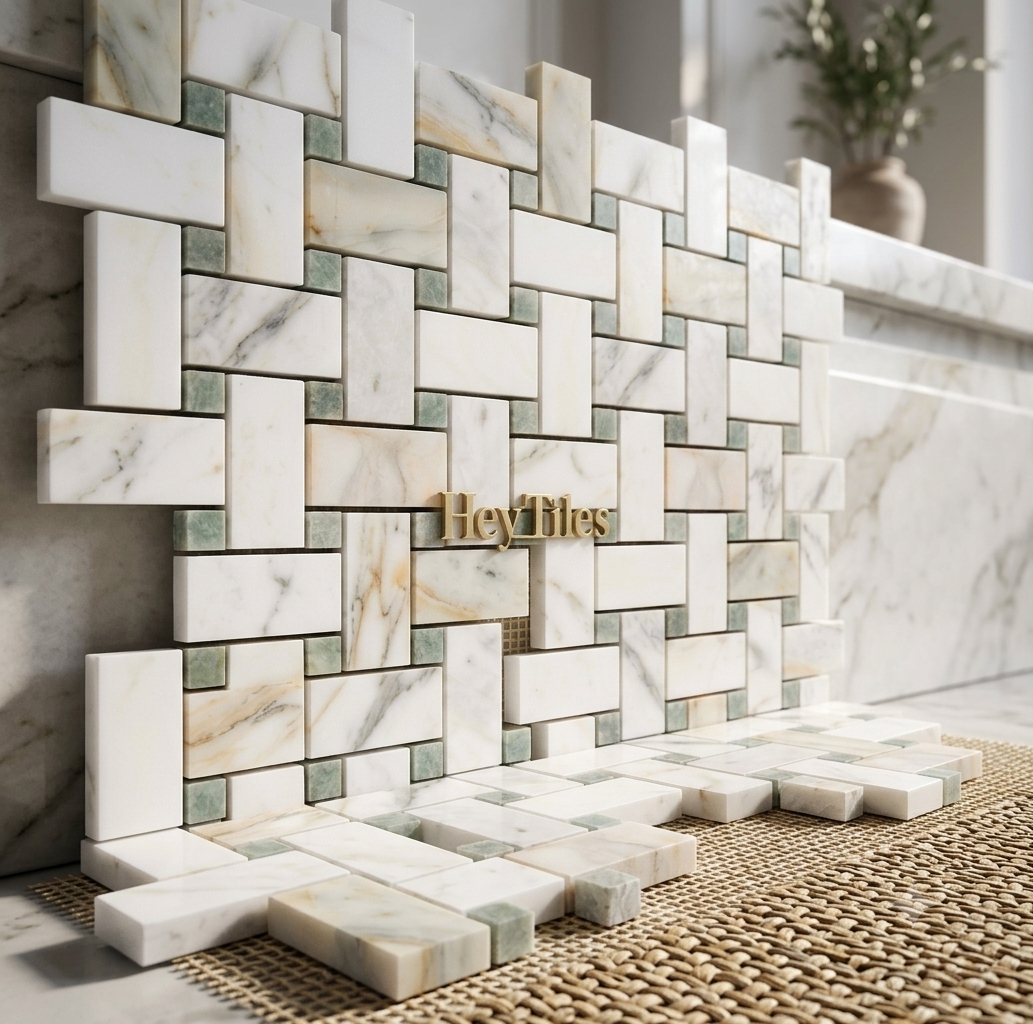 Jumbo Calacatta Green CalaVerde Large Basketweave Marble Mosaic