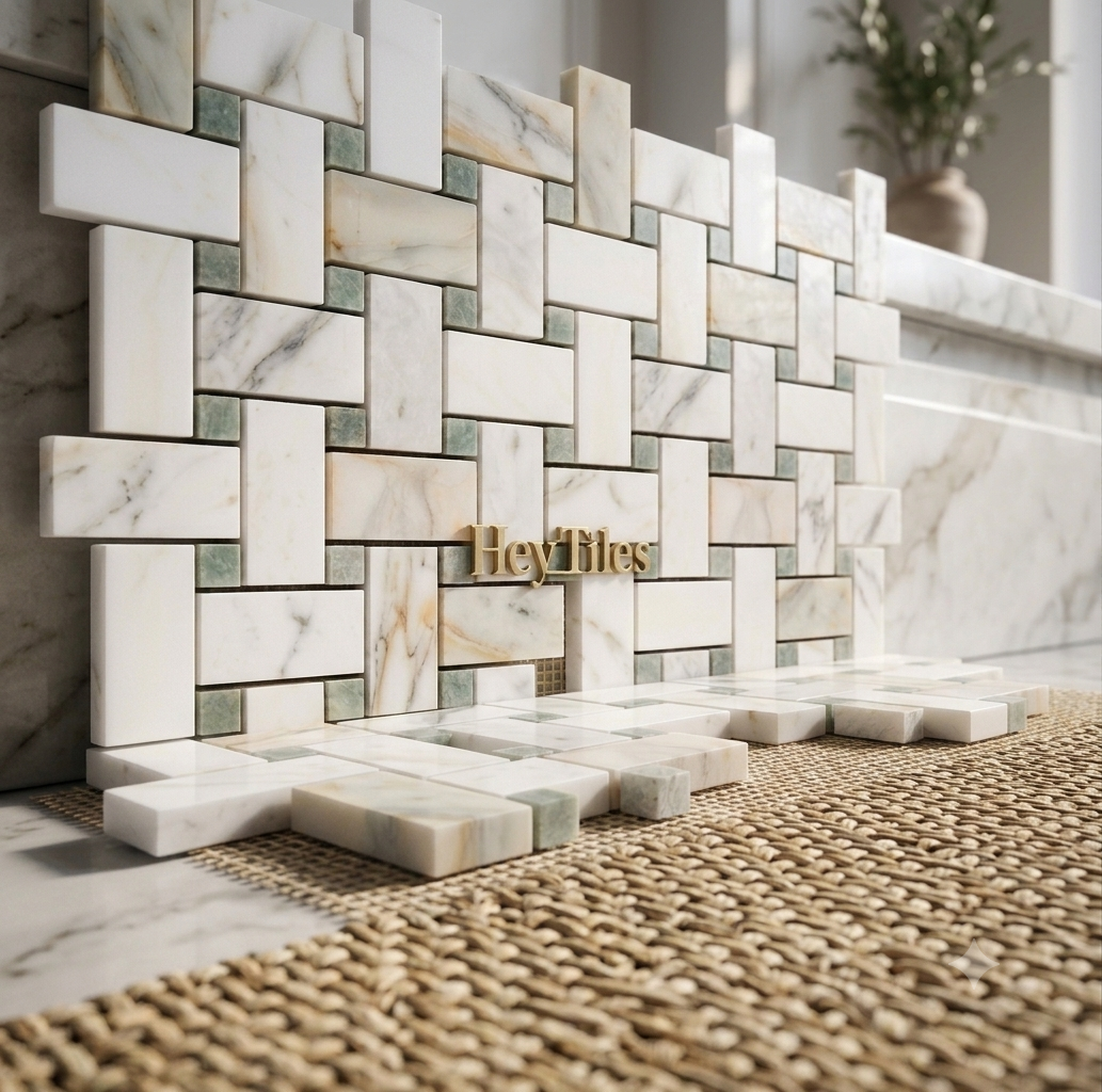 Jumbo Calacatta Green CalaVerde Large Basketweave Marble Mosaic