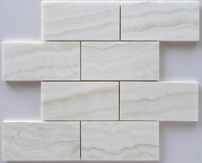 3X6 White Onyx Subway Brick Tile, Vein-Cut, Polished Mosaics heytiles   