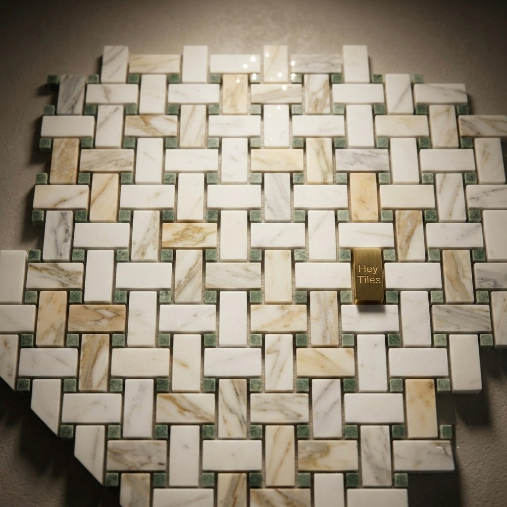 1” x 2” Calacatta Green CalaVerde Basketweave Mosaic Tile on 12x12 Sheet
