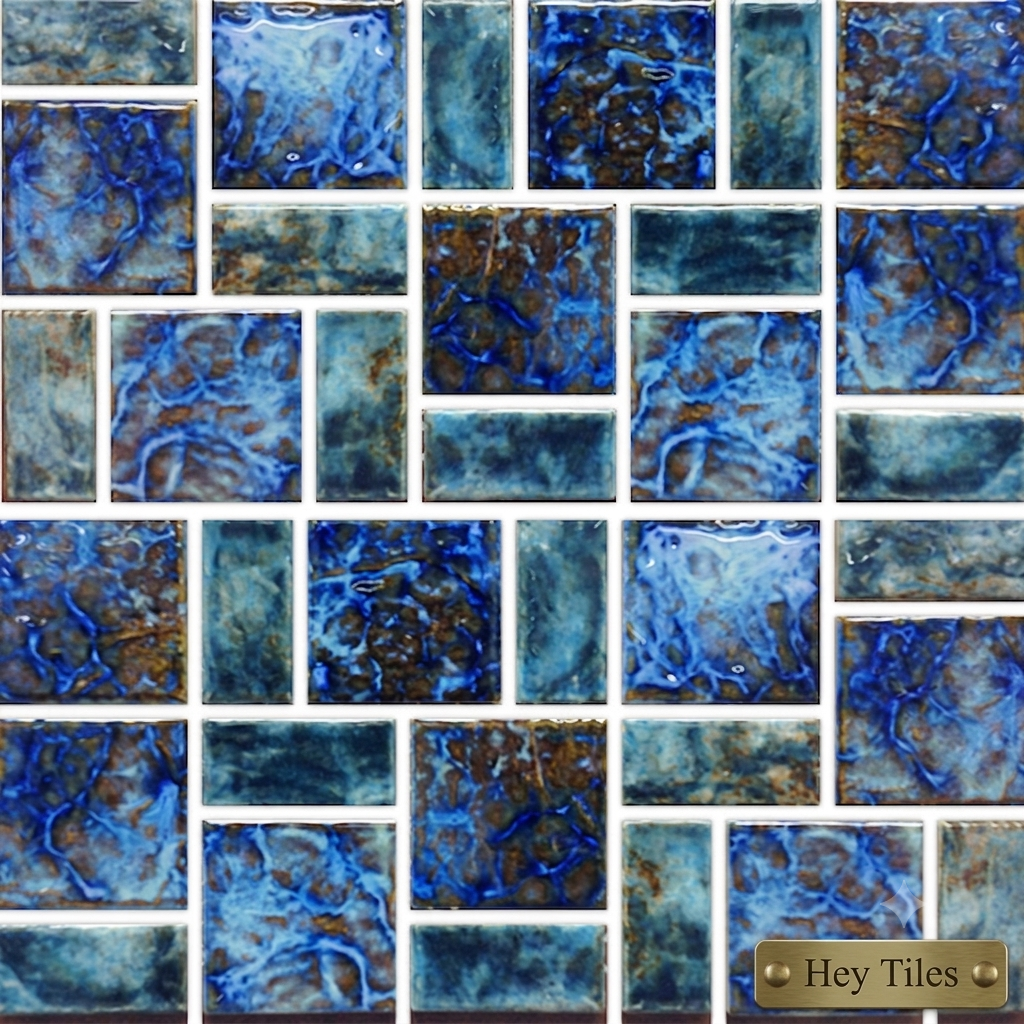Fujiwa Legacy Series: Blue Blend Glazed Porcelain Random Block Mosaic Pool Tile