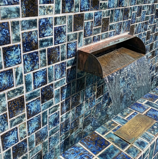 Fujiwa Legacy Series: Blue Blend Glazed Porcelain Random Block Mosaic Pool Tile