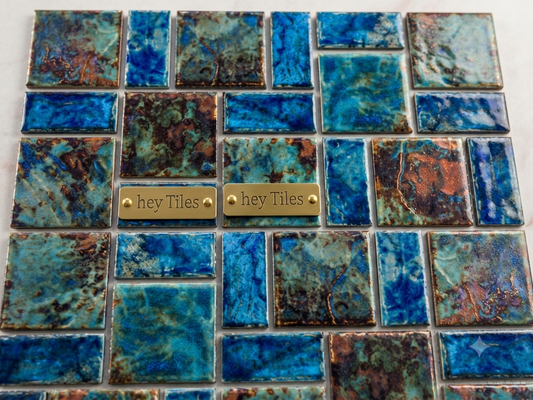 Fujiwa Legacy Series: Blue-Red Mix Glazed Porcelain Random Block Mosaic Pool Tile
