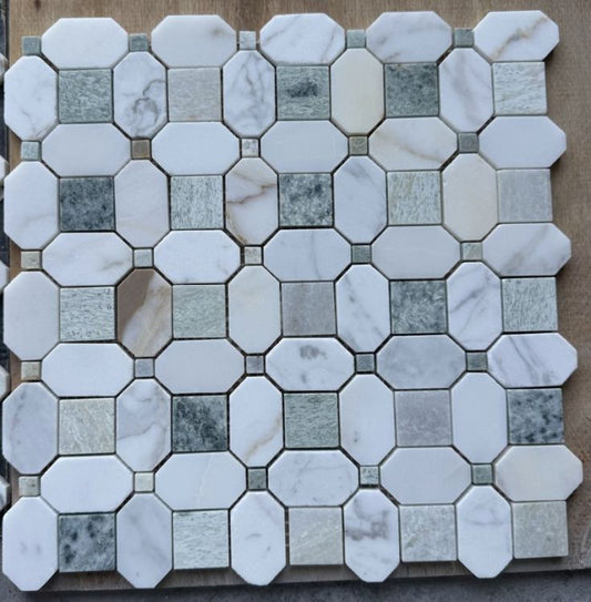 Calacatta Gold & Ming Green Octagon Honed Marble Mosaic Tile (12" x 12")
