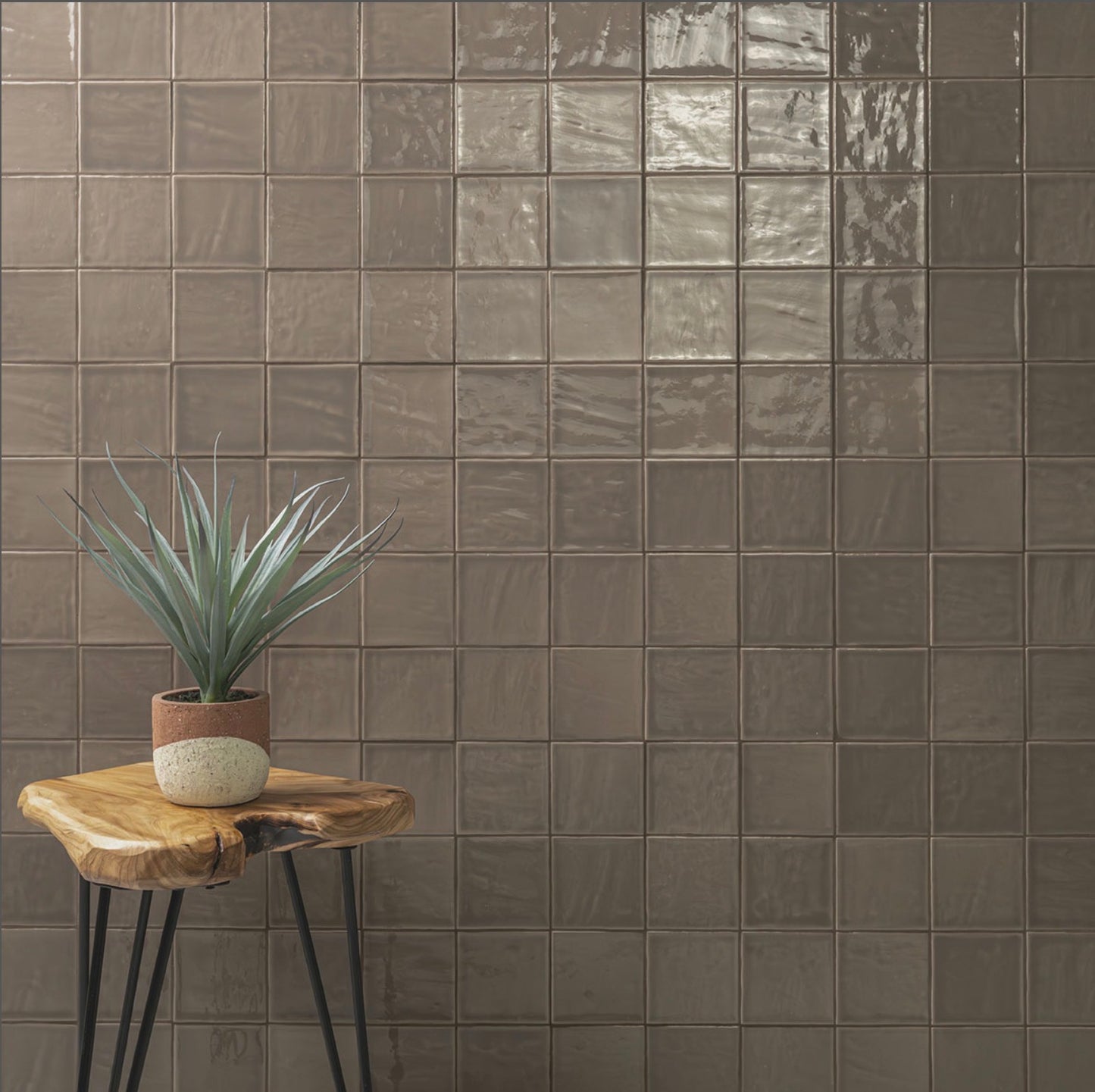 Terranello Series: 4" x 4" Umber Glossy Handcrafted-Look Ceramic Wall Tile