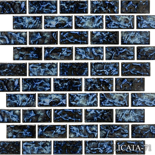 Fujiwa Licata Series: 1-1/8" x 2-1/4" Blue Blend (LICATA-71) Glossy Porcelain Mosaic Pool Tile