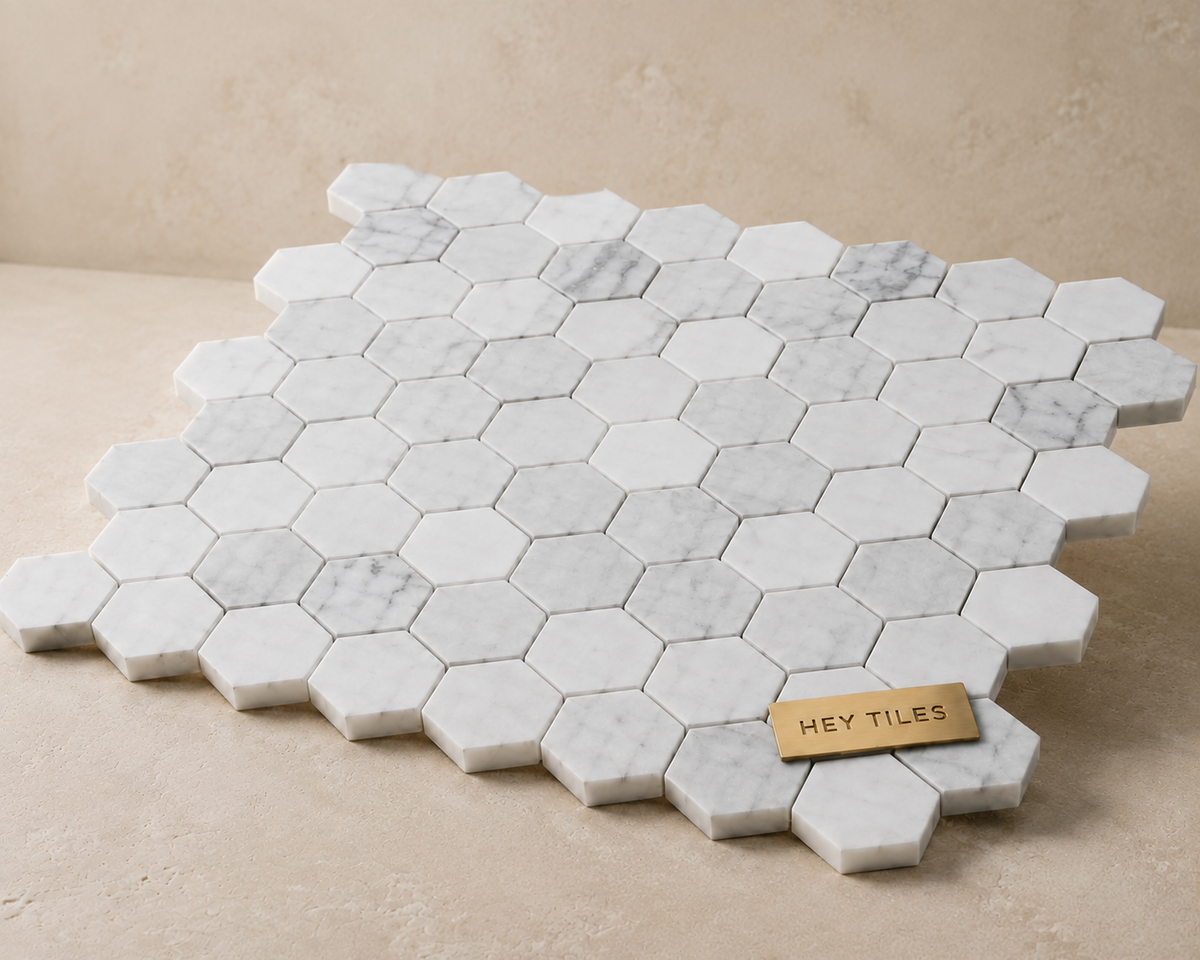 2” Tuscan Carrara White Hexagon Marble Mosaic Tile