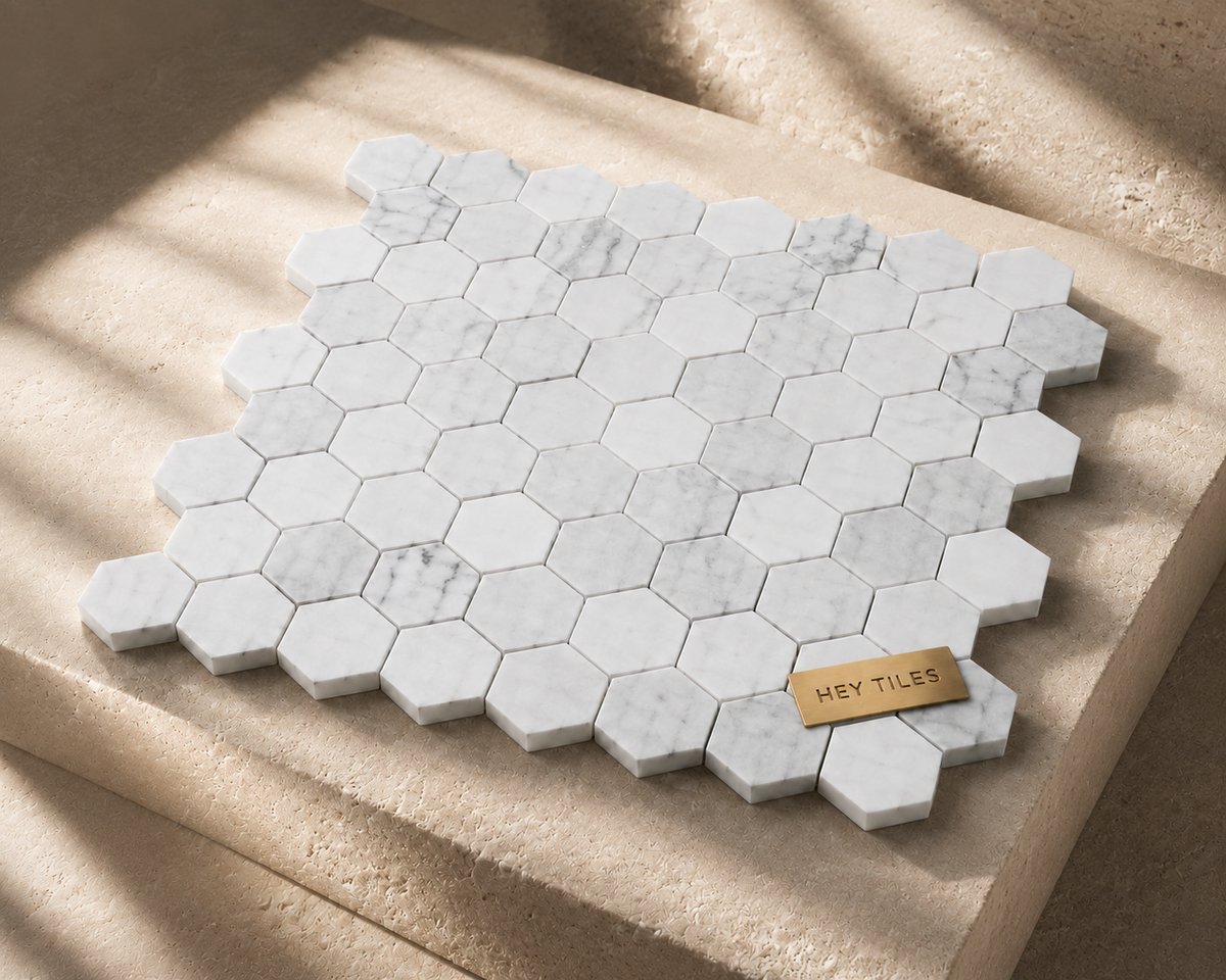 2” Tuscan Carrara White Hexagon Marble Mosaic Tile