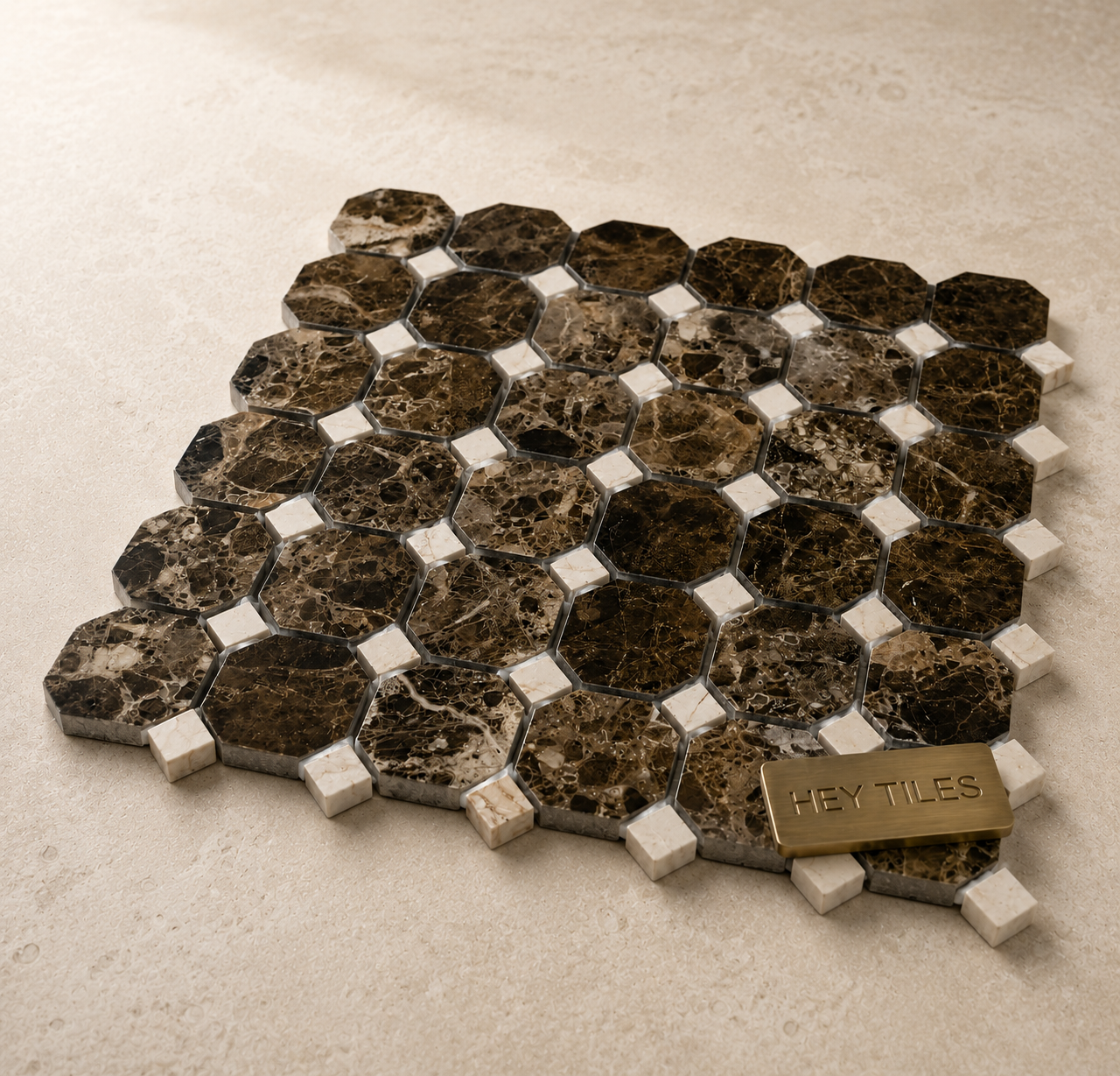 12x12 Iberian Emperador Marfil Octagon Marble Mosaic Tile