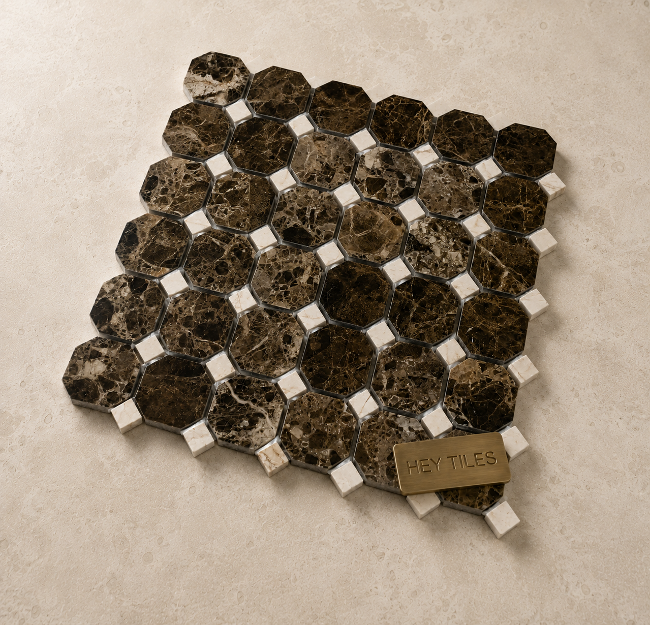 12x12 Iberian Emperador Marfil Octagon Marble Mosaic Tile