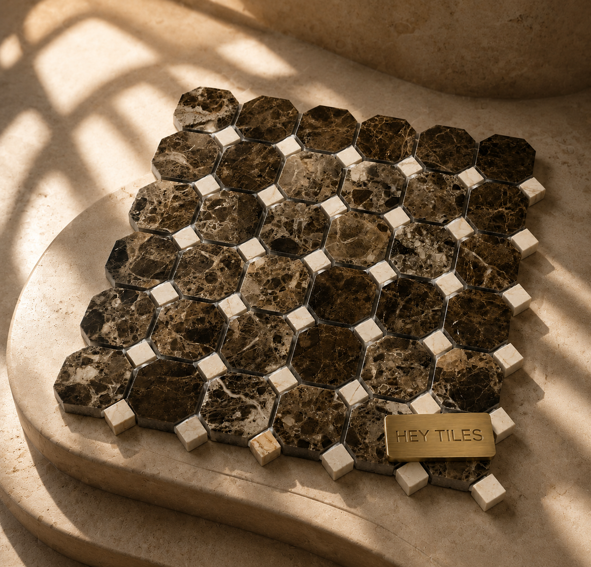 12x12 Iberian Emperador Marfil Octagon Marble Mosaic Tile