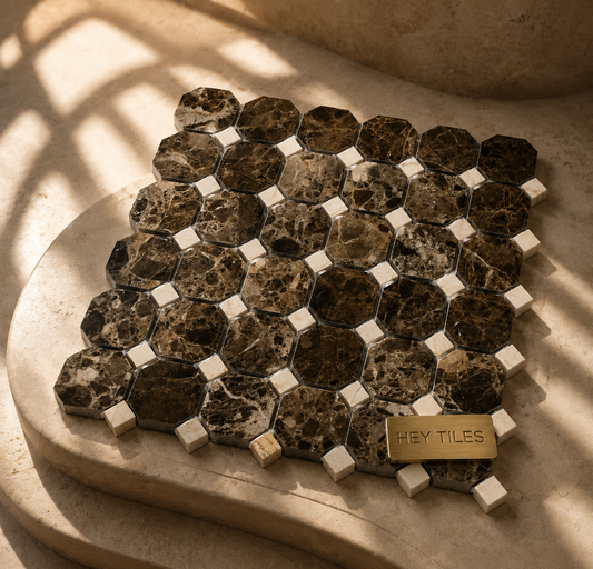 12x12 Iberian Emperador Marfil Octagon Marble Mosaic Tile