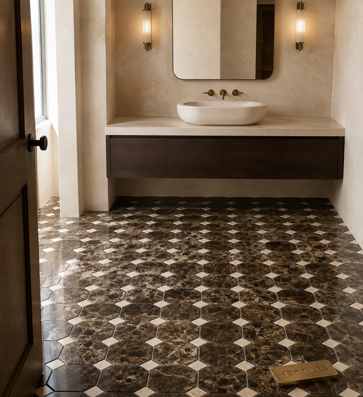 12x12 Iberian Emperador Marfil Octagon Marble Mosaic Tile