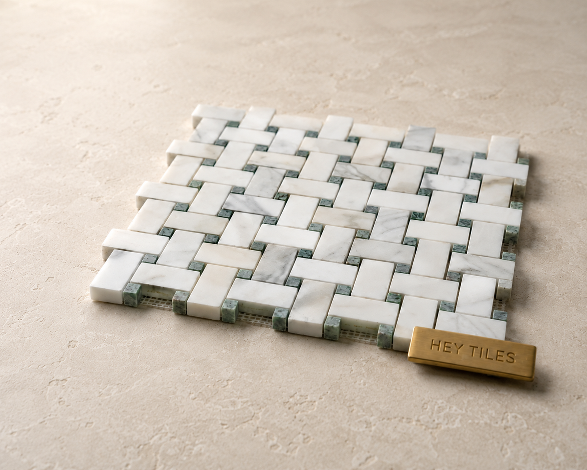 1” x 2” Calacatta Green CalaVerde Basketweave Mosaic Tile on 12x12 Sheet