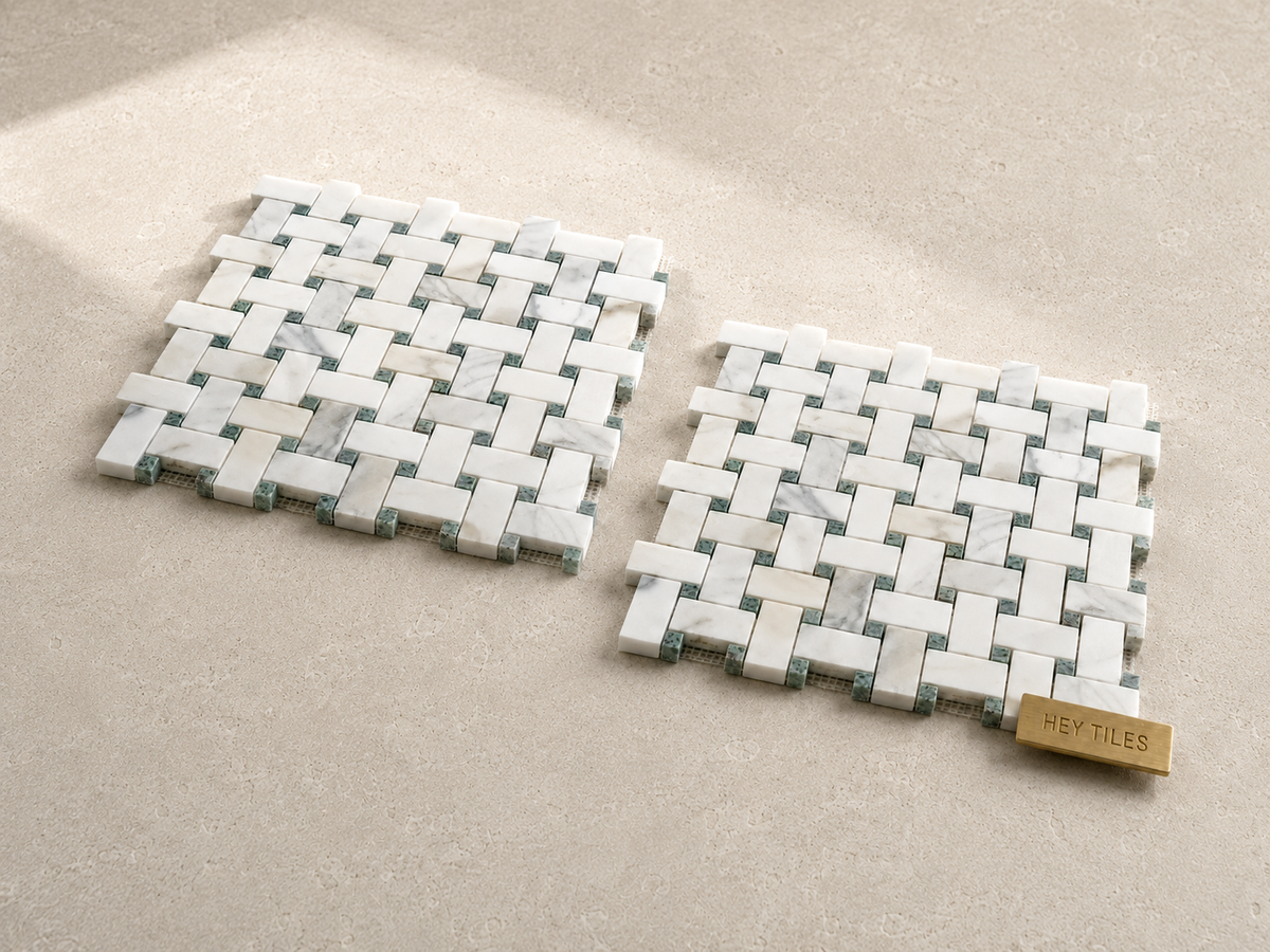 1” x 2” Calacatta Green CalaVerde Basketweave Mosaic Tile on 12x12 Sheet
