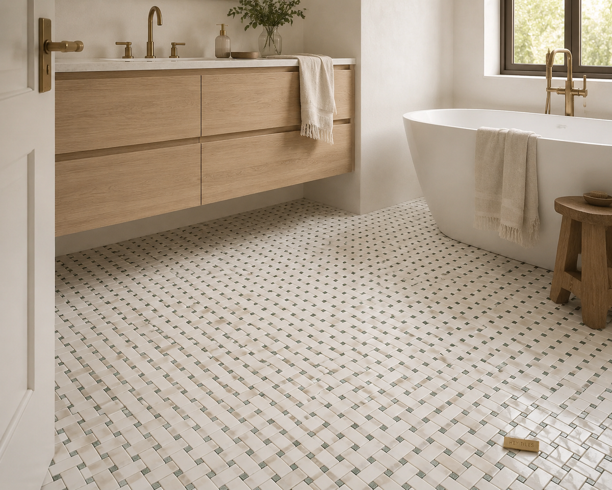 1” x 2” Calacatta Green CalaVerde Basketweave Mosaic Tile on 12x12 Sheet