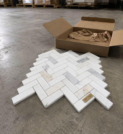 1x4 Calacatta Gold Marble Herringbone  Mosaic, Italian Marble — product image 4