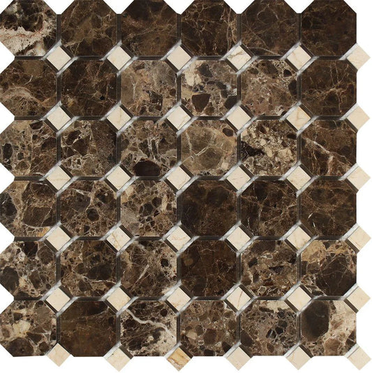 12x12 Iberian Emperador Marfil Octagon Marble Mosaic Tile