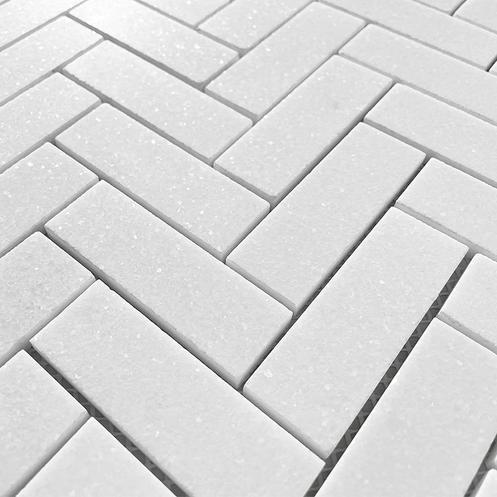 1" x 3" Thassos White Greek Marble Herringbone Mosaic Tile