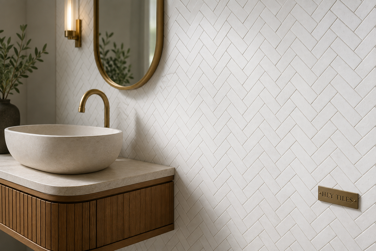 1" x 3" Thassos White Greek Marble Herringbone Mosaic Tile