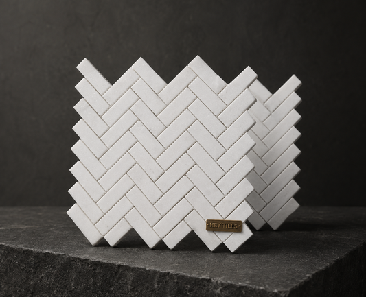 1" x 3" Thassos White Greek Marble Herringbone Mosaic Tile