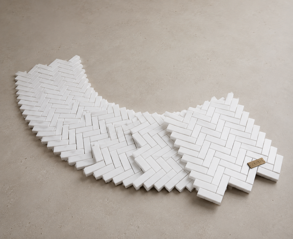 1" x 3" Thassos White Greek Marble Herringbone Mosaic Tile