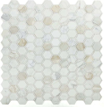 3-inch hexagon Calacatta Gold mosaic tile featuring a honed finish, ideal for stylish backsplashes and accent walls.